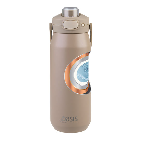 Oasis Ceramic Lined Stainless Steel Capri Drink Bottle 750ml sand beige bottle with cutaway graphic showing ceramic interior and insulated stainless steel layers.