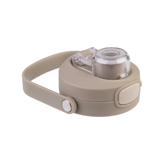 Oasis Ceramic Lined Stainless Steel Capri Drink Bottle 750ml sand beige lid close-up with clear leakproof cap, push button and soft carry handle.
