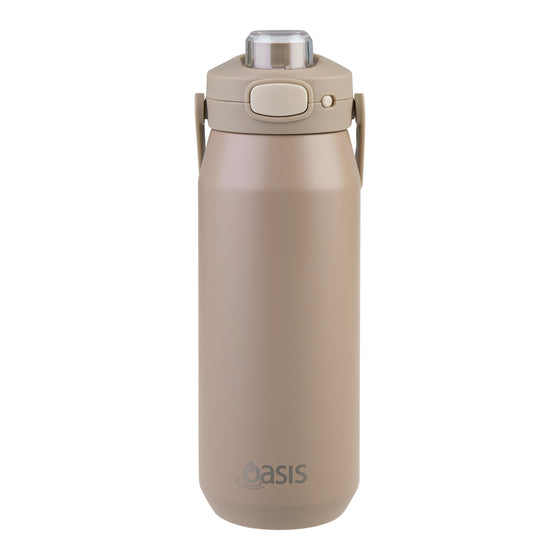 Oasis Ceramic Lined Stainless Steel Capri Drink Bottle 750ml sand beige front view with clear cap, push button lid and side carry handles.
