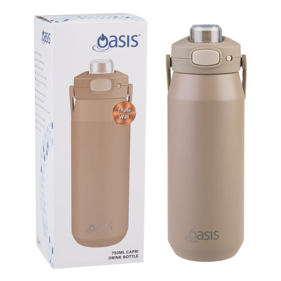Oasis Ceramic Lined Stainless Steel Capri Drink Bottle 750ml sand beige bottle displayed with matching retail box and triple wall insulation branding.