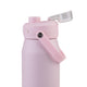 Oasis Ceramic Lined Stainless Steel Capri Drink Bottle 750ml soft pink side close-up showing flip-open transparent cap, raised drinking spout and angled carry strap.