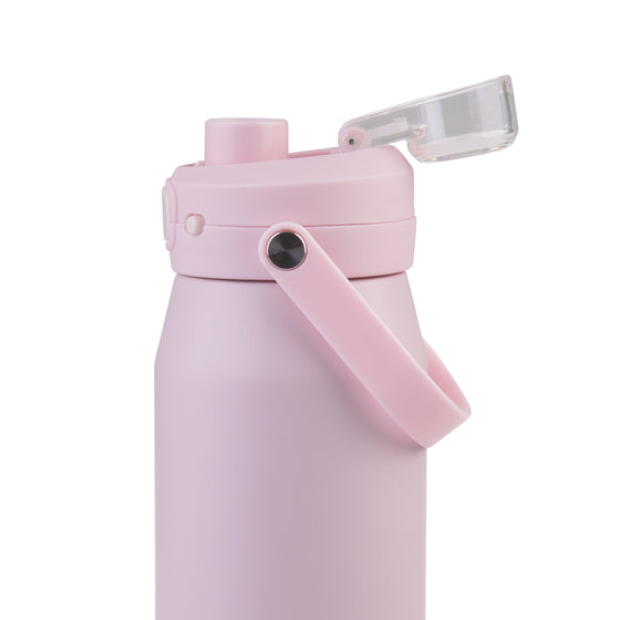 Oasis Ceramic Lined Stainless Steel Capri Drink Bottle 750ml soft pink side close-up showing flip-open transparent cap, raised drinking spout and angled carry strap.