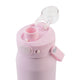 Oasis Ceramic Lined Stainless Steel Capri Drink Bottle 750ml soft pink angled close-up with open clear cap, exposed pour spout, front release button and side carry strap.