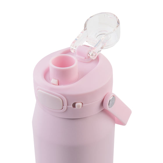 Oasis Ceramic Lined Stainless Steel Capri Drink Bottle 750ml soft pink angled close-up with open clear cap, exposed pour spout, front release button and side carry strap.