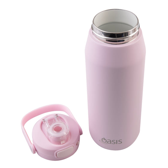 Oasis Ceramic Lined Stainless Steel Capri Drink Bottle 750ml soft pink open bottle with detached carry lid, wide ceramic-lined mouth and polished stainless steel rim.