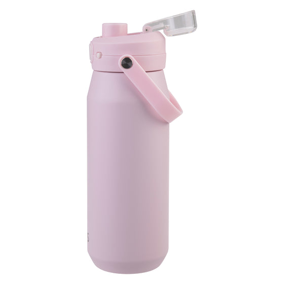 Oasis Ceramic Lined Stainless Steel Capri Drink Bottle 750ml soft pink side view with open flip lid, raised spout and angled carry handle.