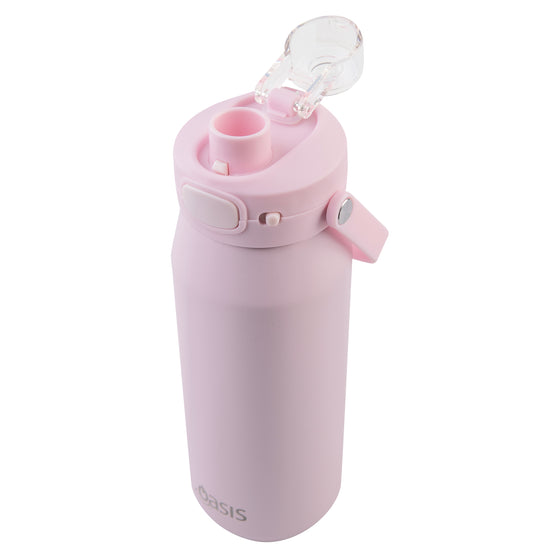 Oasis Ceramic Lined Stainless Steel Capri Drink Bottle 750ml soft pink high-angle view with open flip cap, round drinking spout, safety lock and side carry strap.