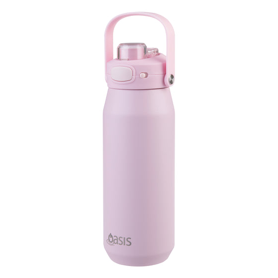 Oasis Ceramic Lined Stainless Steel Capri Drink Bottle 750ml soft pink front profile with upright loop handle, clear drinking cap and push-button locking lid.