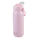 Oasis Ceramic Lined Stainless Steel Capri Drink Bottle 750ml soft pink angled front view with open clear flip cap, raised spout and side carry strap.