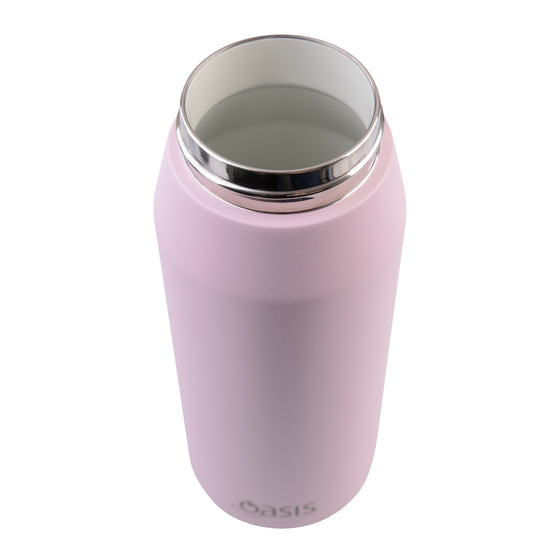 Oasis Ceramic Lined Stainless Steel Capri Drink Bottle 750ml soft pink open top view with lid removed, ceramic-lined interior and polished steel rim.
