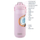 Oasis Ceramic Lined Stainless Steel Capri Drink Bottle 750ml soft pink feature diagram highlighting pour-through spout, leakproof cap, carry handle and insulated ceramic-lined layers.