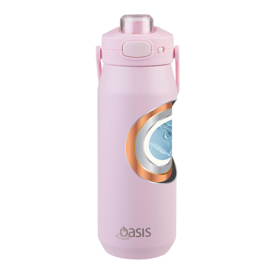 Oasis Ceramic Lined Stainless Steel Capri Drink Bottle 750ml soft pink bottle with cutaway graphic showing ceramic lining and insulated stainless steel layers.
