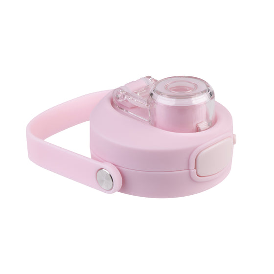 Oasis Ceramic Lined Stainless Steel Capri Drink Bottle 750ml soft pink lid close-up with clear leakproof cap, push button release and integrated carry handle.