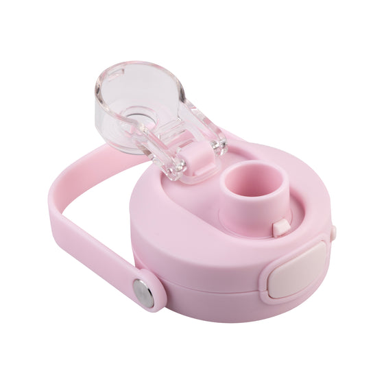 Oasis Ceramic Lined Stainless Steel Capri Drink Bottle 750ml soft pink top-view lid detail with open transparent cap, round drinking spout and carry handle.