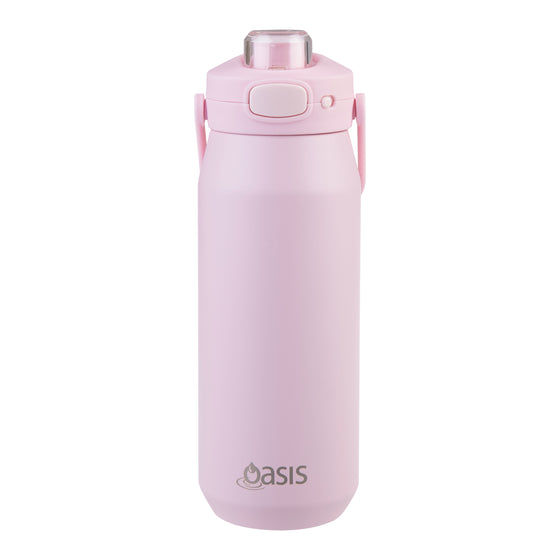 Oasis Ceramic Lined Stainless Steel Capri Drink Bottle 750ml soft pink front view with clear cap, push button lid and side carry handles.