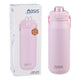 Oasis Ceramic Lined Stainless Steel Capri Drink Bottle 750ml soft pink bottle shown beside matching retail box with triple wall insulation badge.