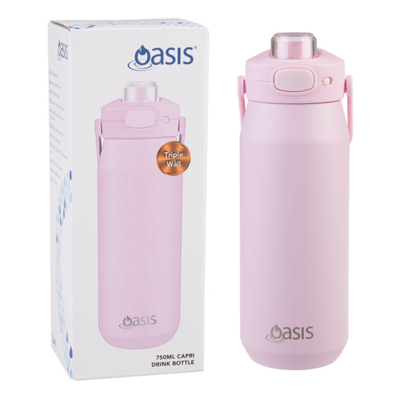 Oasis Ceramic Lined Stainless Steel Capri Drink Bottle 750ml soft pink bottle shown beside matching retail box with triple wall insulation badge.