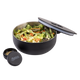 Oasis Black lunch bowl with a lid and a small container of dressing on a white background