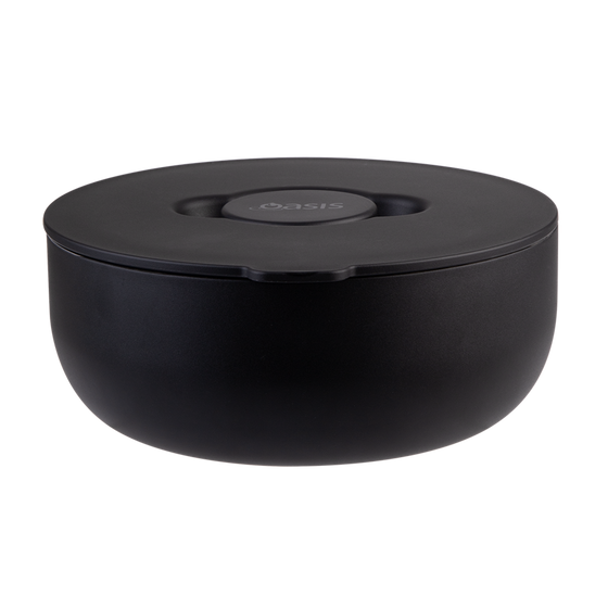 Oasis Black round lunch bowl with lid on a white background
