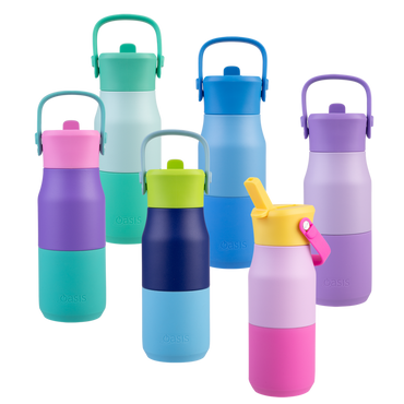 Oasis Insulated Jnr Drink Bottle 400ml Set of colorful water bottles with various lid colors on a white background