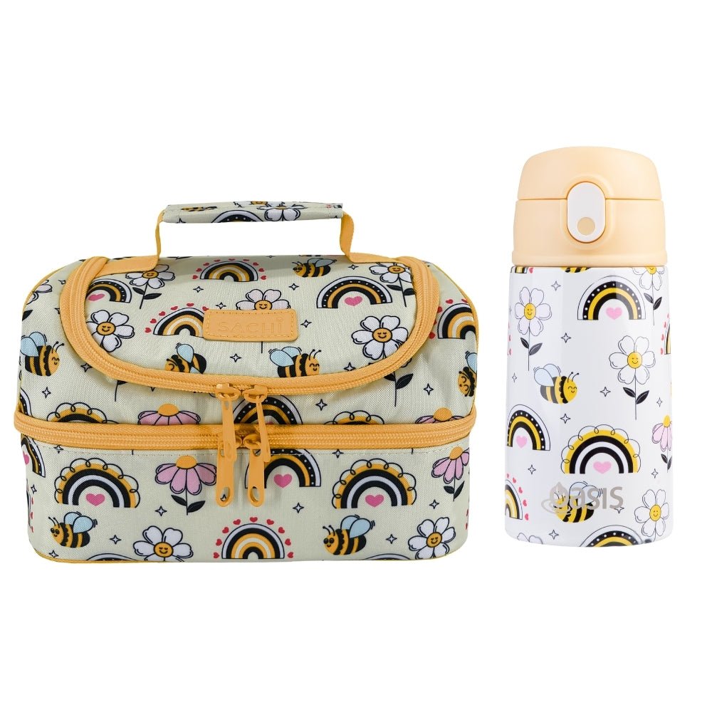 Sachi Insulated Double Decker Lunch Bag & Kids Drink Bottle 400ml - Busy Bees - BentoBliss