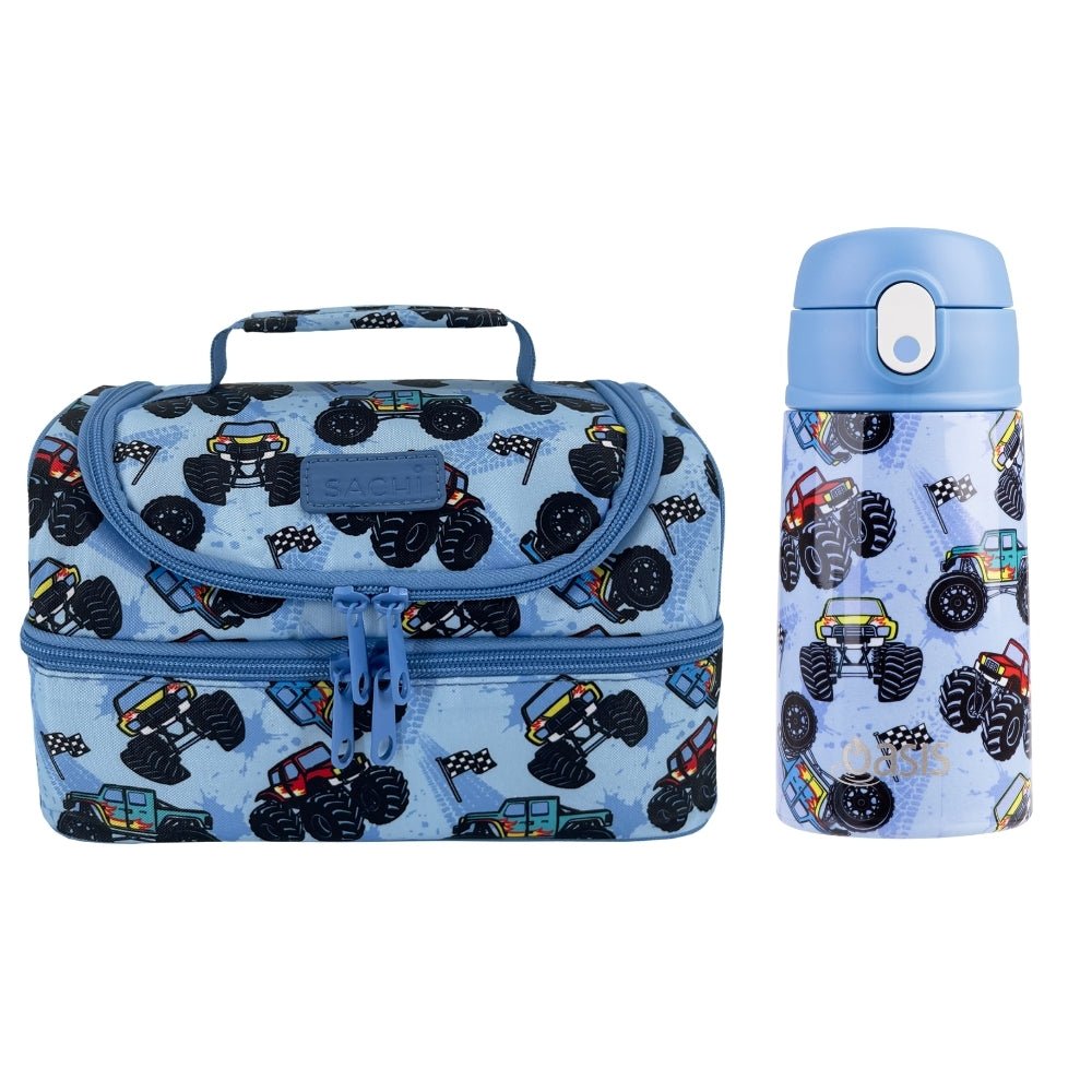 Sachi Insulated Double Decker Lunch Bag & Kids Drink Bottle 400ml - Monster Trucks - BentoBliss