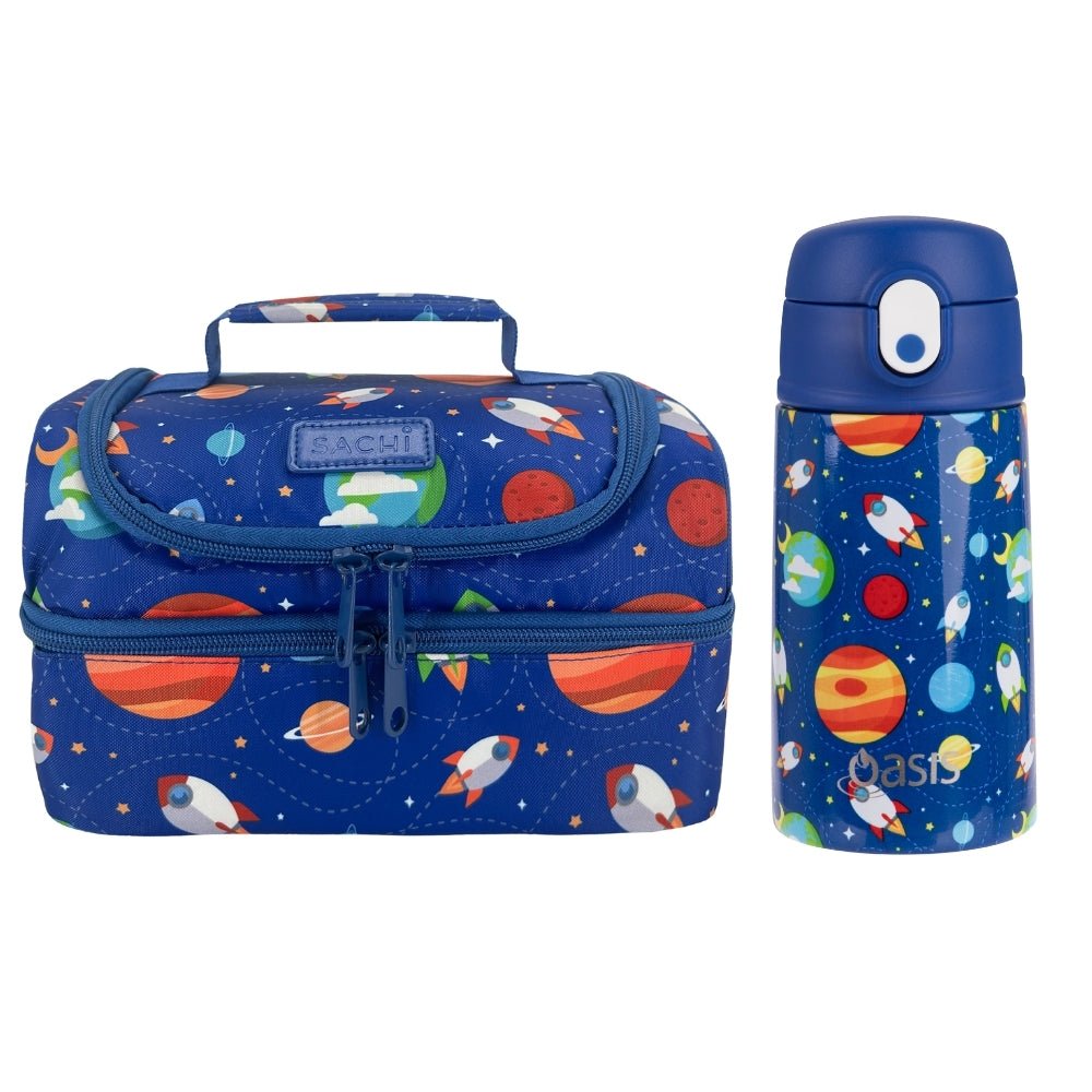 Sachi Insulated Double Decker Lunch Bag & Kids Drink Bottle 400ml - Outer Space - BentoBliss