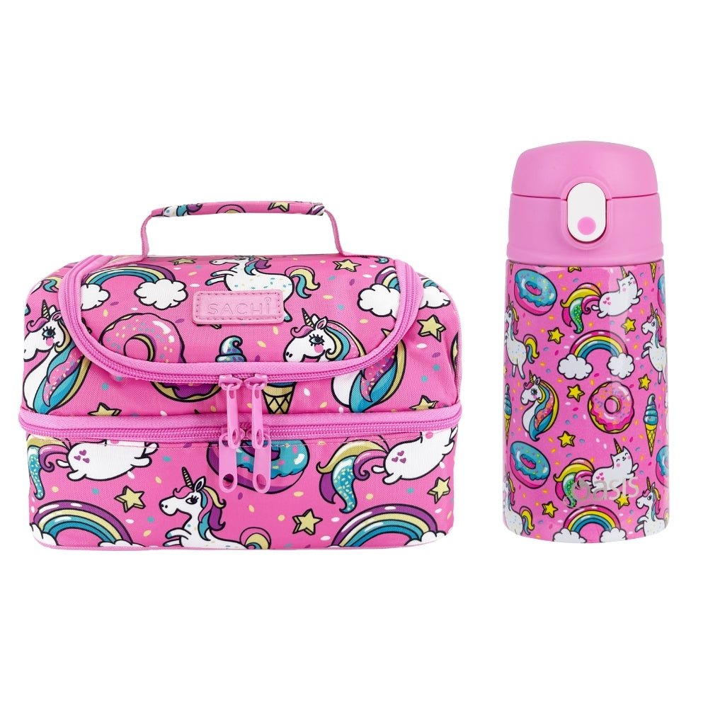 Sachi Insulated Double Decker Lunch Bag & Kids Drink Bottle 400ml - Unicorns - BentoBliss