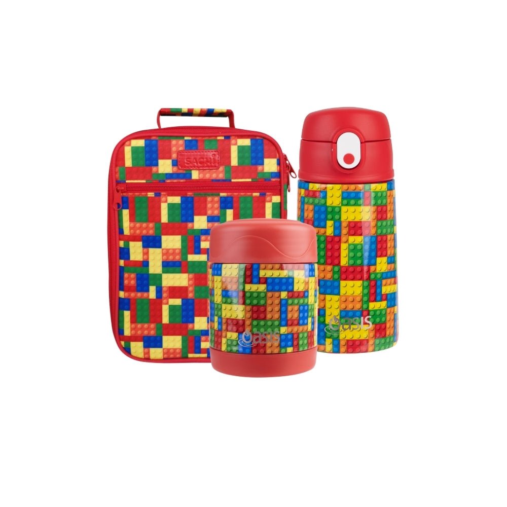 Sachi Insulated Lunch Bag, Food Jar & Bottle Bundle - Bricks - BentoBliss