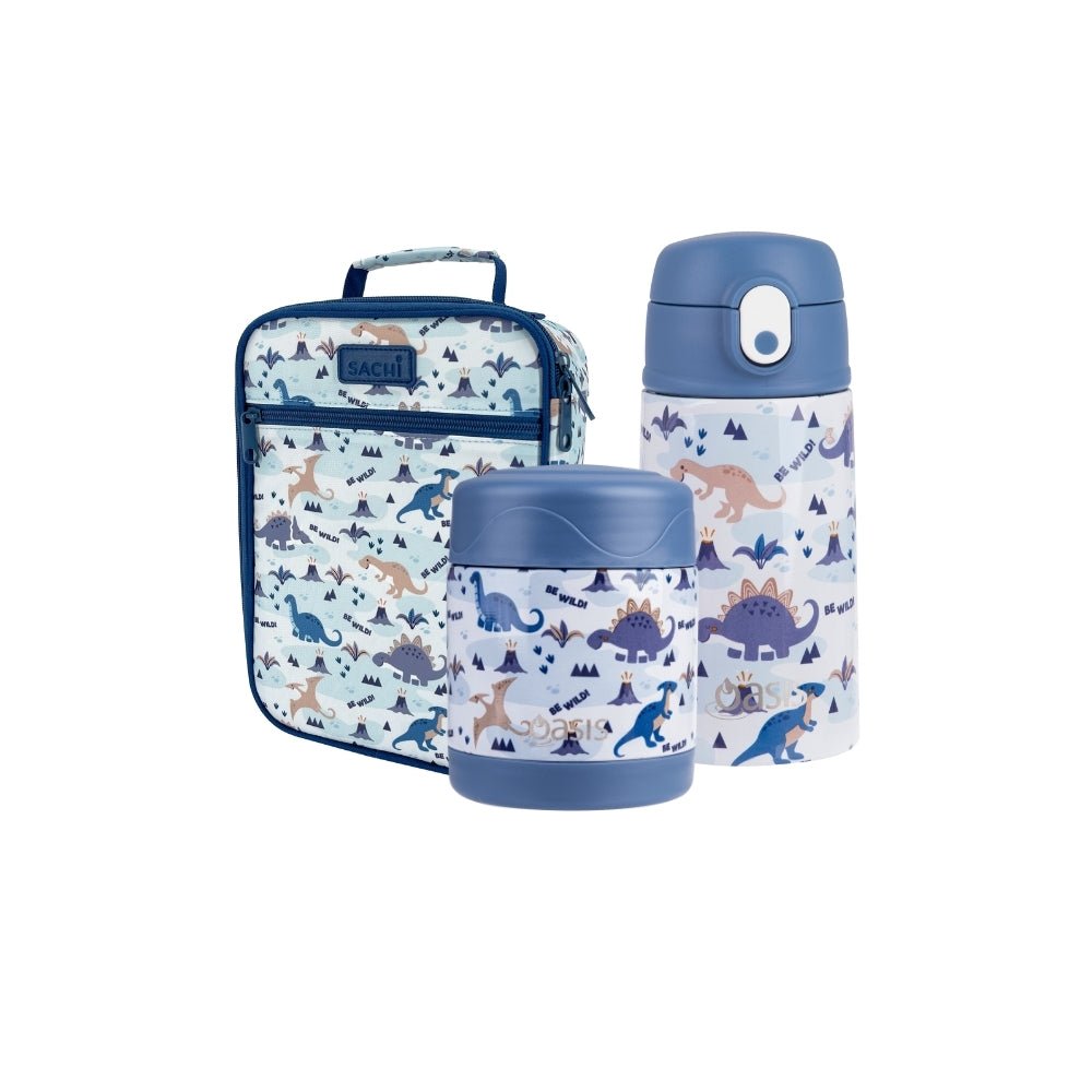 Sachi Insulated Lunch Bag, Food Jar & Bottle Bundle - Dinosaur Land - BentoBliss