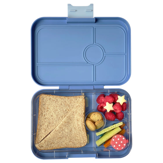 Leakproof blue bento box with four compartments