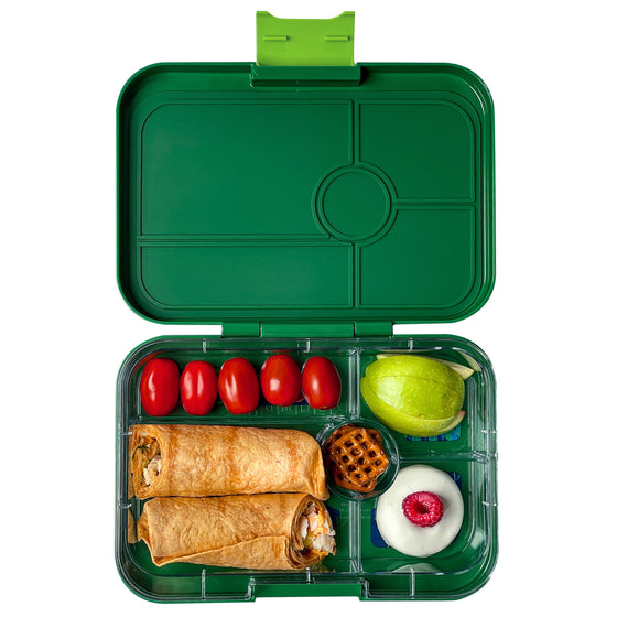 Leakproof green bento box with five compartments for meals