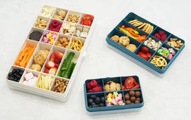 Melii Luxe Snackle box different sizes XL white colour, original blue colour and mini blue colour on white background.