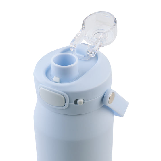 Oasis Ceramic Lined Stainless Steel Capri Drink Bottle 750ml powder blue close-up with open sip lid, clear flip cover, button lock and side strap mount.