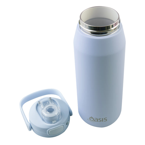 Oasis Ceramic Lined Stainless Steel Capri Drink Bottle 750ml powder blue bottle with wide ceramic-lined opening and detached flip lid with carry handle.