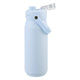 Oasis Ceramic Lined Stainless Steel Capri Drink Bottle 750ml powder blue side view with open clear lid, raised drinking spout and angled soft carry handle.