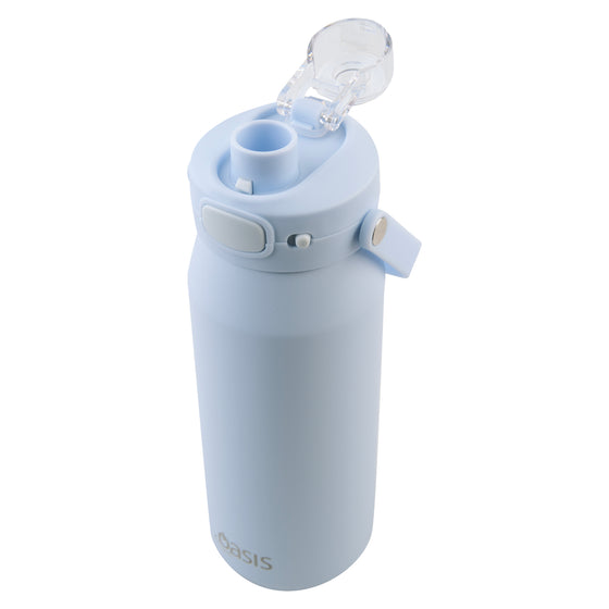 Oasis Ceramic Lined Stainless Steel Capri Drink Bottle 750ml powder blue high-angle view with open clear flip lid, drinking spout and side carry handle.