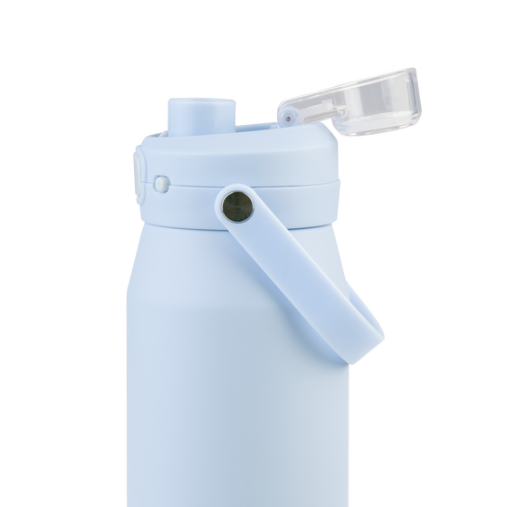 Oasis Ceramic Lined Stainless Steel Capri Drink Bottle 750ml powder blue upper body close-up with open clear flip cap, side handle and push-button lid.