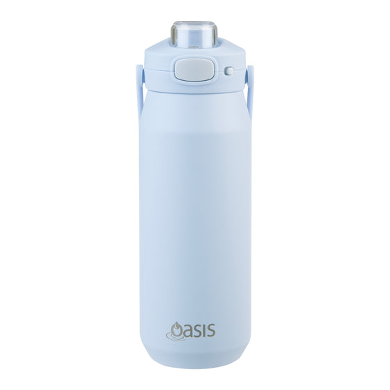 Oasis Ceramic Lined Stainless Steel Capri Drink Bottle 750ml powder blue front view with clear cap, push-button lid and side carry handles.