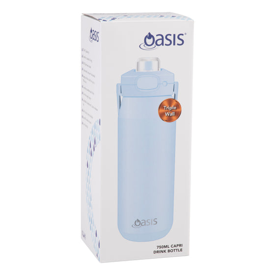 Oasis Ceramic Lined Stainless Steel Capri Drink Bottle 750ml powder blue retail packaging with bottle graphic, Oasis branding and triple wall insulation badge.