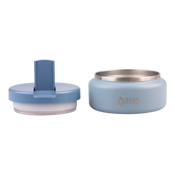 Oasis Insulated Food Flask 230ml blue food jar shown open beside lid with raised folding spoon.