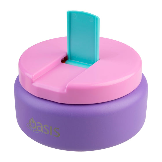 Oasis Insulated Food Flask 230ml purple food jar with pink lid and turquoise spoon flipped upright.