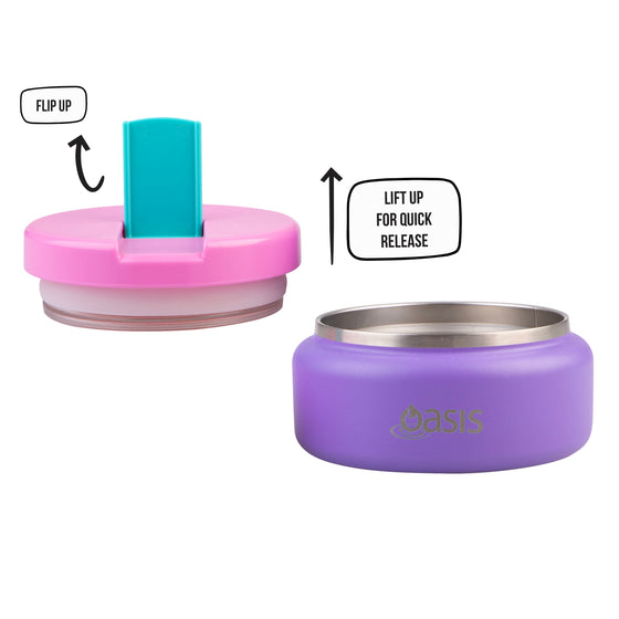 Oasis Insulated Food Flask 230ml purple jar with pink lid, turquoise flip-up spoon and quick release feature.