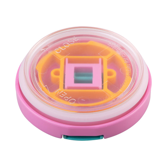 Oasis Insulated Food Flask 230ml pink lid base with clear open-close pressure vent and turquoise release tab.