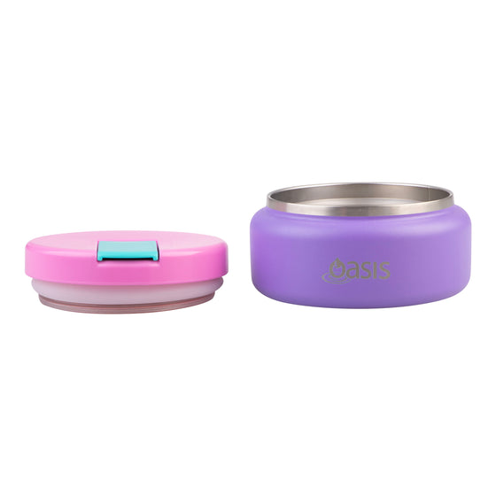 Oasis Insulated Food Flask 230ml purple lunch jar with open steel bowl and pink lid with aqua latch.