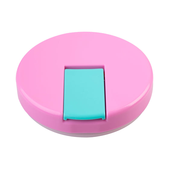 Oasis Insulated Food Flask 230ml close-up of pink round lid with turquoise centre release tab.