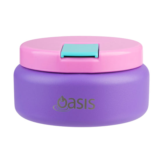 Oasis Insulated Food Flask 230ml purple food jar with pink lid and turquoise latch.