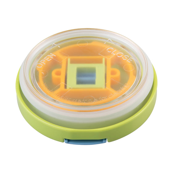 Oasis Insulated Food Flask 230ml lime green lid underside with clear open-close vent and blue release tab.