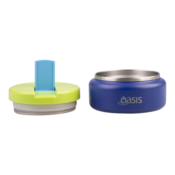 Oasis Insulated Food Flask 230ml navy insulated jar with stainless steel opening and lime lid with raised blue spoon.
