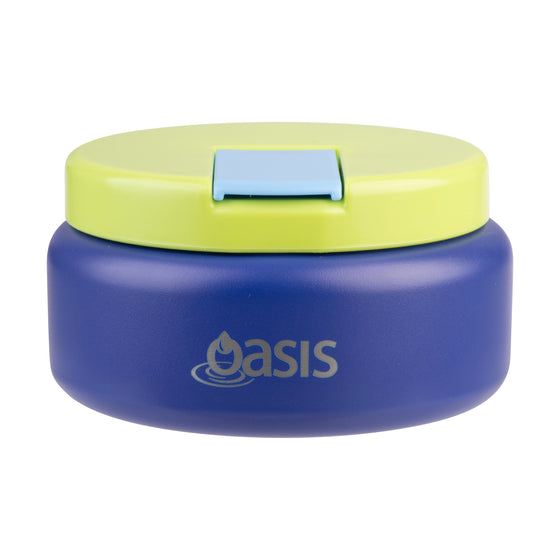 Oasis Insulated Food Flask 230ml navy food flask with lime green lid and light blue release tab.